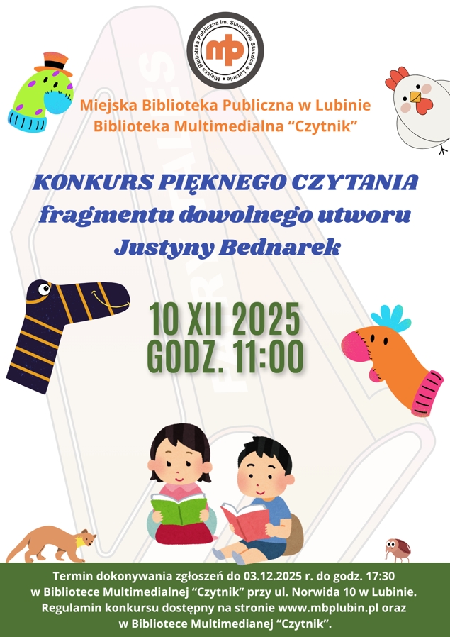 Plakat "Konkursu pięknego czytania fragmentu dowolnego utworu Justyny Bednarek"